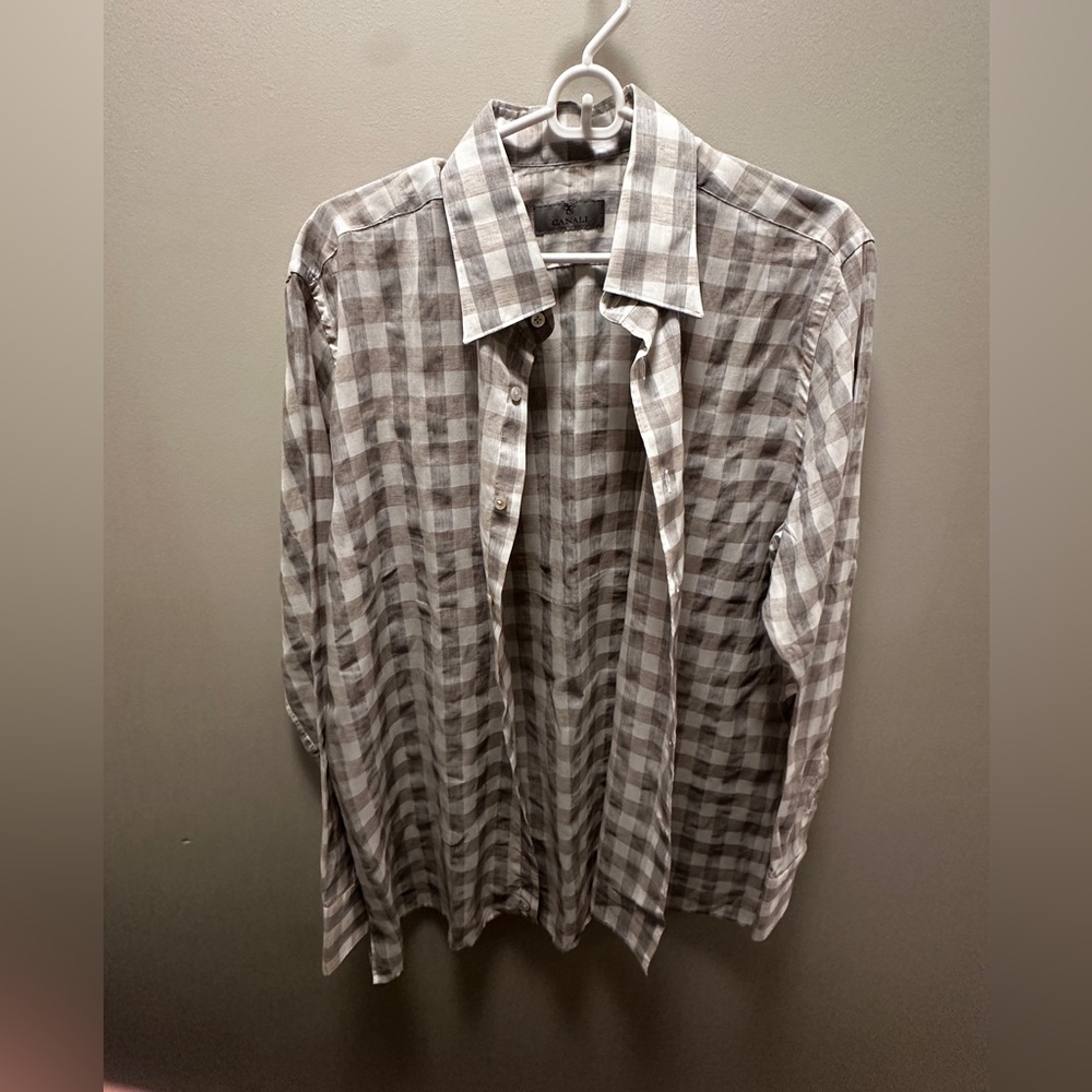 Canali Beige Checkered Button Down Shirt